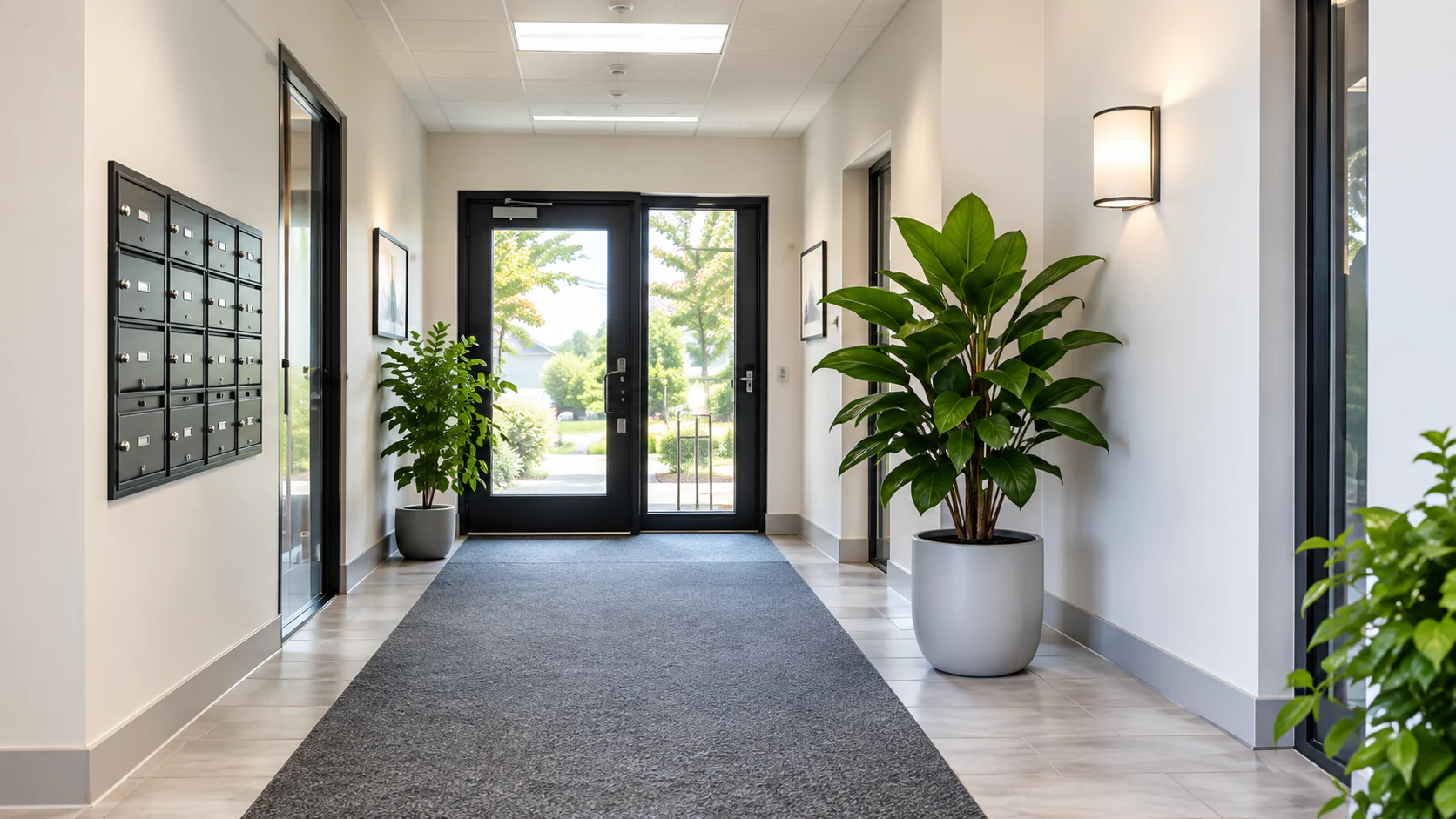 Clean rental building entryway with mailboxes and plants